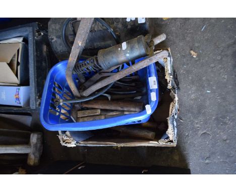One box of assorted mixed tools to include a foot pump