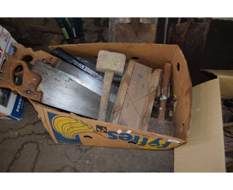Box of various assorted saws and other tools