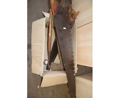 Box of various vintage saws and other tools