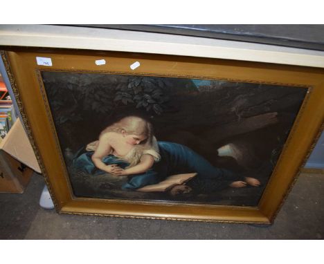 Coloured chromolithograph print, classical scene of lady with book and skull