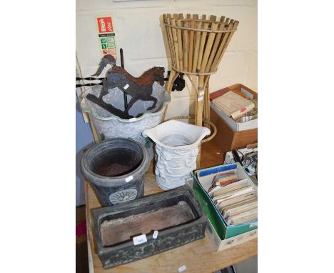 Mixed Lot: Various pottery planters and jardinieres, a iron weather vane decorated with a horse and a bamboo plant stand
