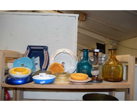 Collection of various pub ashtrays, decanters, water jug, egg timer etc