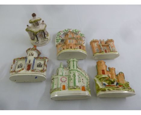 Six Staffordshire ceramic pastille burners in the form of buildings