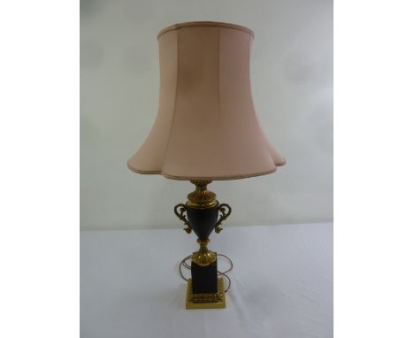 Brass mounted black enamel vase form table lamp with silk shade