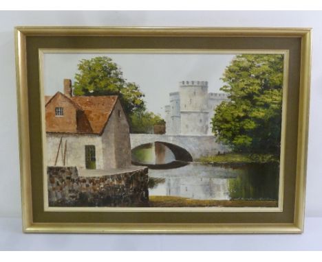 R. V. Bradley Curtis framed oil on canvas of a castle and mill house, signed bottom right, 49.5 x 75cm