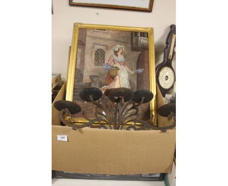 A TRAY OF ASSORTED TAPESTRY,S AND A WALL HANGING CANDELABRA (TRAYS NOT INCLUDED),br.