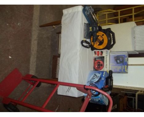 A SELECTION OF BOXED POWER TOOLS ETC TOGETHER WITH A SACK TRUCK