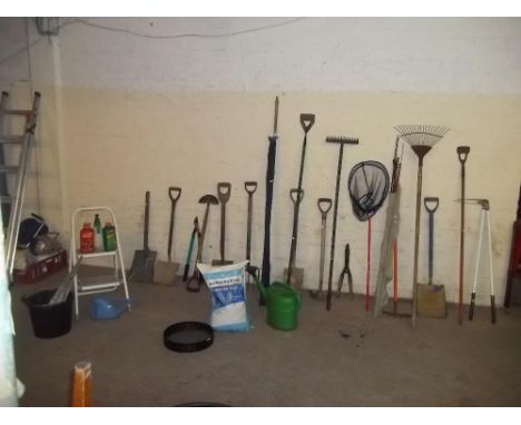 A LARGE SELECTION OF GARDEN TOOLS TO INCLUDE A FISHING ROD