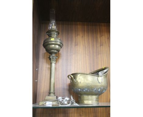 A BRASS COAL BUCKET TOGETHER WITH A BRASS LAMP