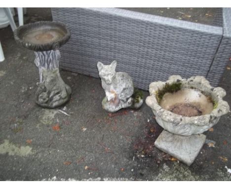 A CONCRETE BIRD BATH, A STATUE AND A PLANTER