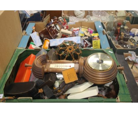 TWO TRAYS OF COLLECTABLE,S AND METALWARE TO INCLUDE MATCHBOXES, A BAROMETER ETC (TRAYS NOT INCLUDED),br.