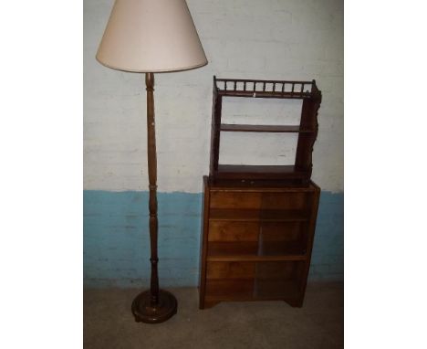 A WALL SHELF, A GLAZED BOOKSHELF AND A FLOOR STANDING STANDARD LAMP (3 ITEMS INCLUDED)