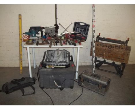 A SELECTION OF TOOLS AND TOOL BOXES TO INCLUDE A BLACK AND DECKER WORKMATE, AND A TILE CUTTER ETC
