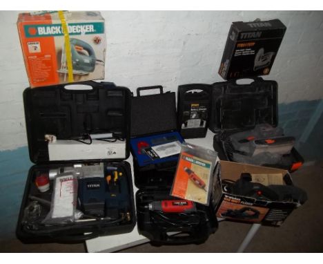 A SELECTION OF BOXED POWER TOOLS TO INCLUDE A PNEUMATIC DRILL, A PLANER, A SANDER ETC