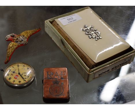 VINTAGE RAF COPPER FINISHED CIGARETTE LIGHTER, GERMAN MILITARY STYLE POCKET WATCH, MILITARY BADGE/PATCH &amp; SILVER MOUNTED 