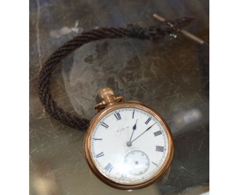 ELGIN 9 CARAT GOLD CASED OPEN FACED POCKET WATCH WITH WOVEN HAIR CHAIN &amp; T-BAR     