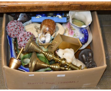 BOX WITH CANDLE STICKS, VARIOUS ANIMAL ORNAMENTS, BASIN &amp; EWER SETS ETC     