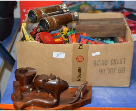 BOX WITH VARIOUS MODEL VEHICLES, WOODEN DESK STAND, VINTAGE BINOCULARS ETC     