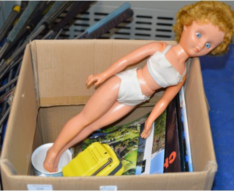 BOX WITH VINTAGE DOLL, ROYALTY CUPS, MAGAZINES ETC     