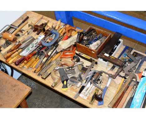 LARGE QUANTITY VARIOUS OLD TOOLS, OLD BRASS INLAID TOOLS, 19TH CENTURY HAND TOOLS &amp; VARIOUS OTHER TOOLS     