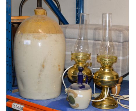 LARGE CERAMIC BOTTLE, DECANTER &amp; PAIR OF CONVERTED PARAFFIN LAMPS     