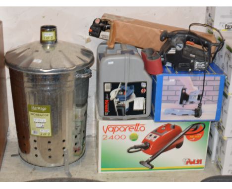 INCINERATOR BIN, TRIPOD &amp; VARIOUS TOOLS, SAW, STEAMER ETC     