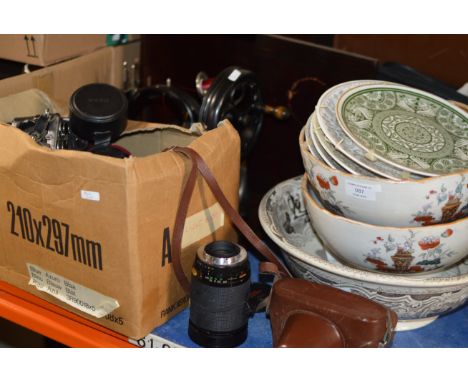 VARIOUS TODDY BOWLS, SMALL SEWING MACHINE, VINTAGE CASE, BOX WITH CAMERA, CAMERA ACCESSORIES ETC     