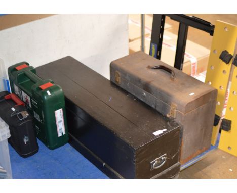 2 BOXED POWER TOOLS, 2 LARGE BOXES WITH QUANTITY TOOLS &amp; WORK BENCH     