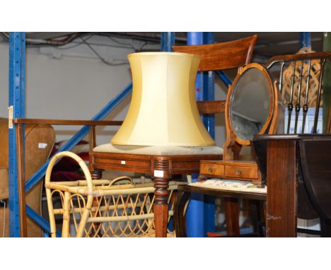 2 VARIOUS MAHOGANY CHAIRS, SMALL MAHOGANY SHAVING MIRROR, MAHOGANY DROP LEAF TABLE, BAMBOO MAGAZINE RACK, TOWEL STAND &amp; B