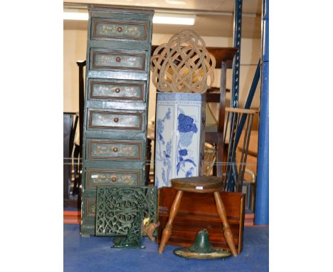 PAINTED CHEST, WROUGHT IRON STAND, DECORATIVE ORIENTAL STYLE STICK STAND, RUG BEATERS ETC     