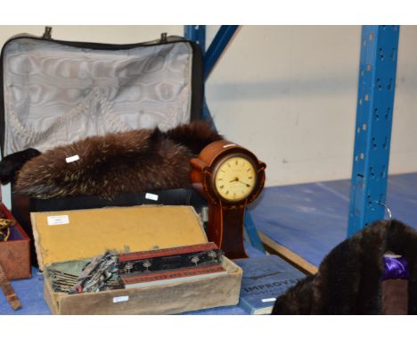 VARIOUS FUR STOLES, FUR EFFECT JACKET, PART TRAIN SET, STAMP ALBUM &amp; MAHOGANY MANTLE CLOCK     