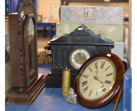 GINGER BREAD STYLE CLOCK, SLATE MANTLE CLOCK &amp; MAHOGANY WALL CLOCK     
