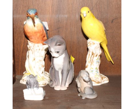 Two Royal Worcester china models of a kingfisher and a canary bird and three Royal Copenhagen models of a cat, a mouse and an