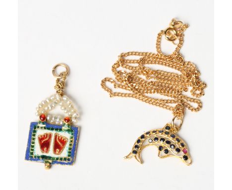 An Indian gold, enamel and seed pearl pendant, an 18ct gold and gem set dolphin pendant and a 9ct gold curb link necklace