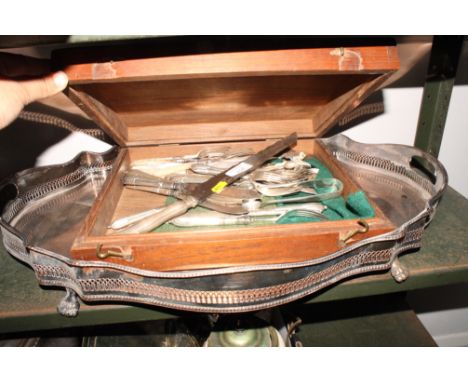 A silver plated gallery tray and a selection of plated flatware, in oak canteen