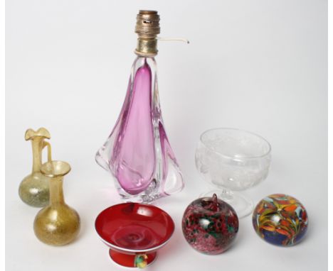 A Val Sant Lambert amethyst glass lamp base, two glass paperweights, a pair of glass knitting needles and other items of deco