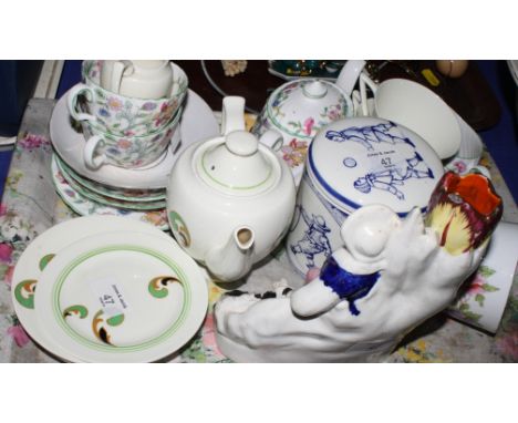 A Royal Doulton Art Deco style breakfast teaset, a Minton Haddon Hall breakfast teaset, a Staffordshire figure, a Delft jar a