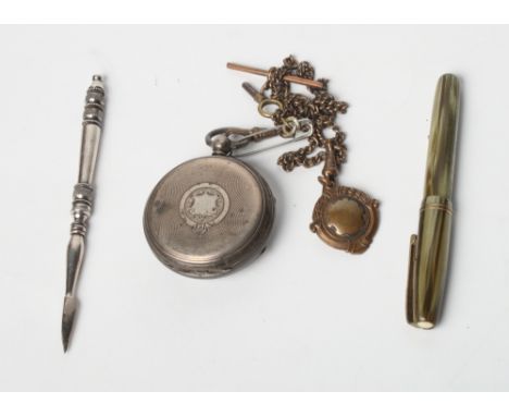 A silver cased open faced pocket watch with white enamel dial and subsidiary seconds dial, a Waterman's 512V fountain pen and