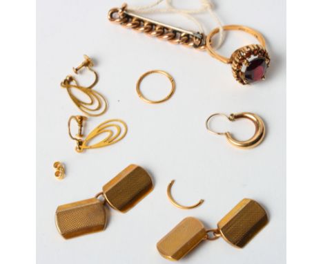 A pair of 9ct gold cufflinks, a 9ct gold and garnet dress ring, a rope twist bar brooch, two pairs of 9ct gold earrings and t