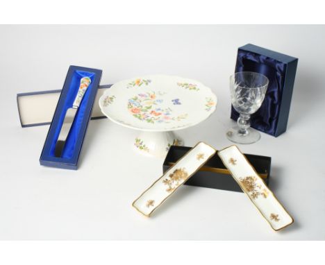 A Booths "Floradora" part coffee set, four Crown Staffordshire crested coffee cups and saucers, a boxed Aynsley cake stand an