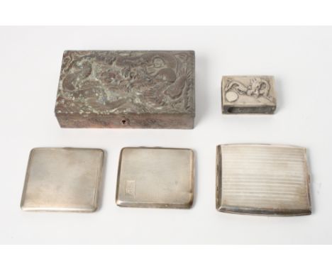 Three silver cigarette cases with engine turned decoration, 9.2oz troy approx, a Chinese export silver matchbox cover with em