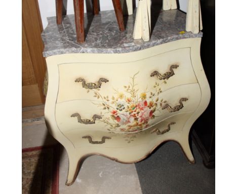A painted and decorated bombe front commode chest of three drawers with marble top, 28" wide