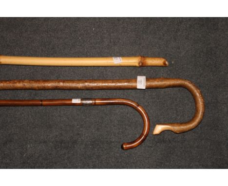 A silver mounted walking stick, a shepherd's crook and one other walking stick