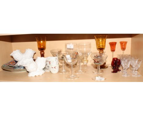 A number of assorted drinking glasses, an Imari porcelain plate, a Cantonese plate and other items of decorative china