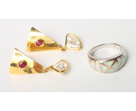 A pair of 18ct gold drop earrings set red and white stones and a silver and opal dress ring