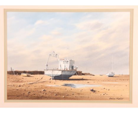 Graham Hadlow: watercolours, "Boats at Low Tide", 10" x 13 1/2", in strip frame