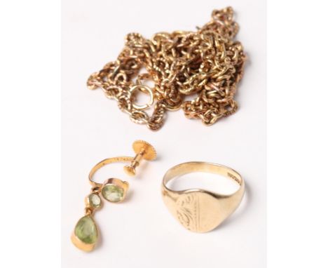 A 9ct gold necklace, a 9ct gold signet ring, 10.2g, and a gold and peridot earring