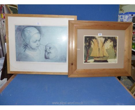 A large farmed and mounted Print of a sailing boat along with a print of Princess Elizabeth, and Princess Anne by Van Dyck.