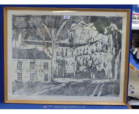 A large framed Print depicting an Abbey and cottage with trees, unsigned 33" x 25 1/2".