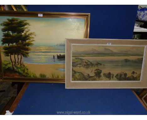 A large Oil on board painting of an unsigned African coastal scene, along with a framed print on board of a loch scene with m